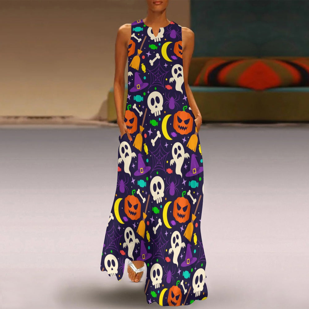 Women Halloween Pumpkins Skulls Prints Sleeveless Long Maxi Evening Party Dress Lg02