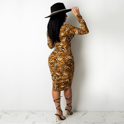 Sexy Prints Pleated Irregular Shirt Long Sleeve Night Club Party Dress