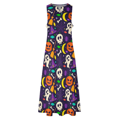 Women Halloween Pumpkins Skulls Prints Sleeveless Long Maxi Evening Party Dress Lg02