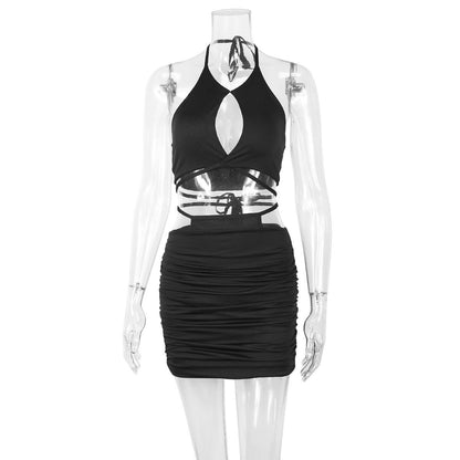 Women's Pleated Cropped Navel Tie Two-Piece Tops Hip Skirt Night Party Dress