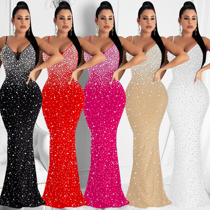 Sexy Fashion Night Club Hot-drilled Beaded Suspender Party Dress