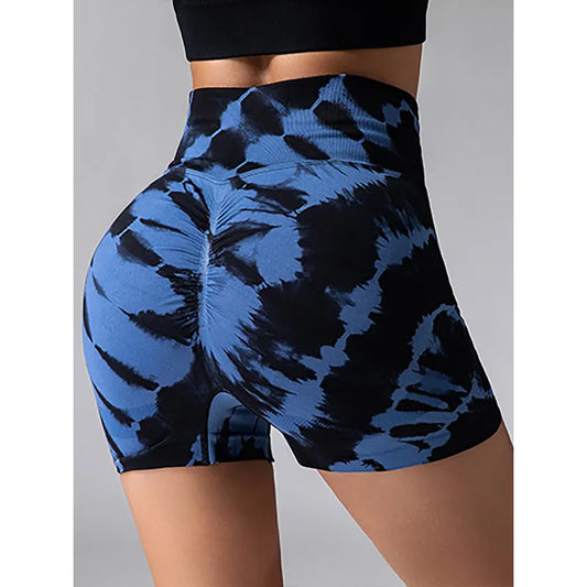 Women Tie Dye V-Back Workout Seamless High Waisted Gym Yoga Biker Shorts Pants