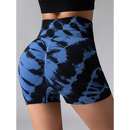 Women Tie-dye Side Bow Hollow High Waist Hip Butt Lifting Sports Yoga Gym Scrunch Cycling Biker Shorts Pants