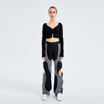 Women Fashion Solid Color V-neck Knitted Tops T-Shirt