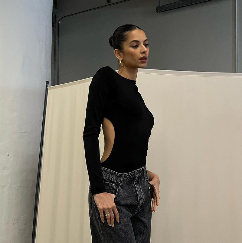 Women Round Neck Long Sleeve Backless Top Bodysuit