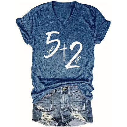 5 Loaves 2 Fish Women Print V Neck Short Sleeve T-Shirts Tees Top