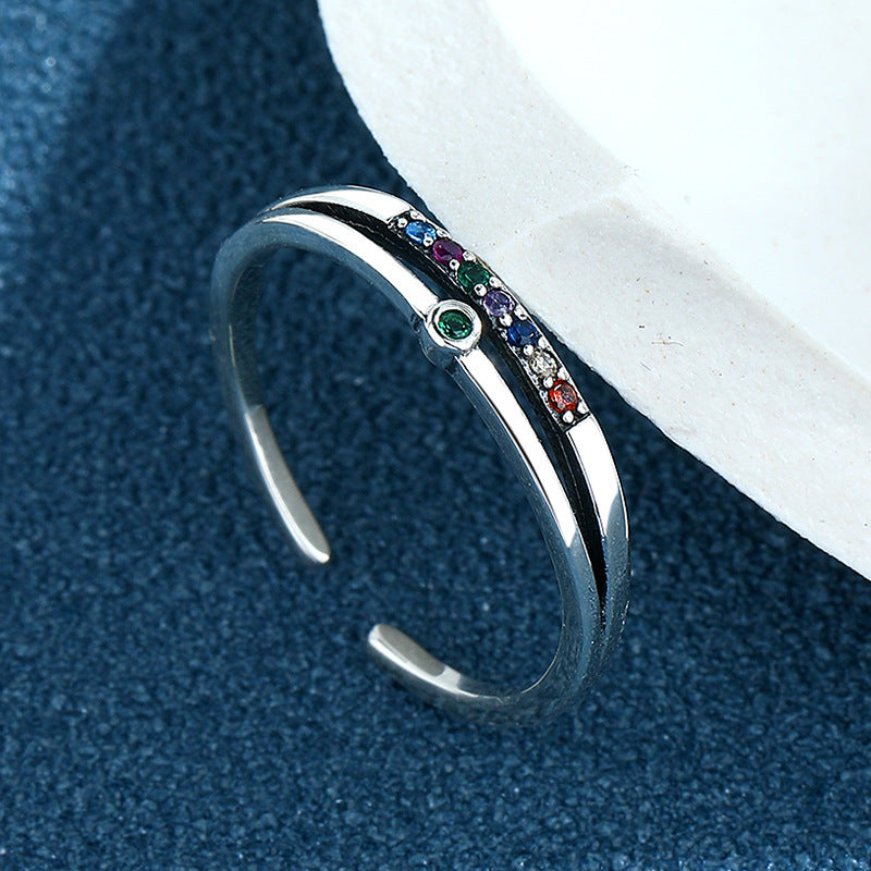 Women S925 Silver Retro Rainbow Zircon Double Layer Rings
