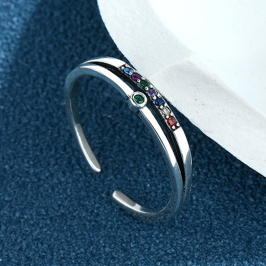 Women S925 Silver Retro Rainbow Zircon Double Layer Rings