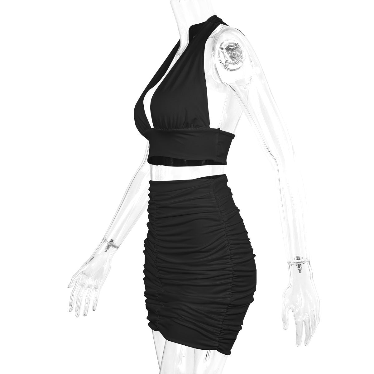 Two-pieces Women Halter Necktie Umbilical Fold V-neck Sling Bag Hip Skirt Set