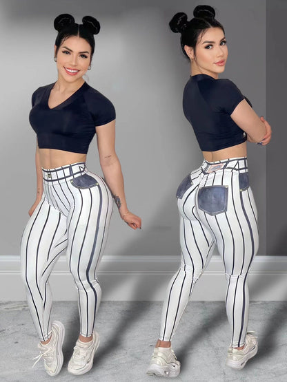 Sexy Denim Line Printing High Waist Yoga Leggings Pants