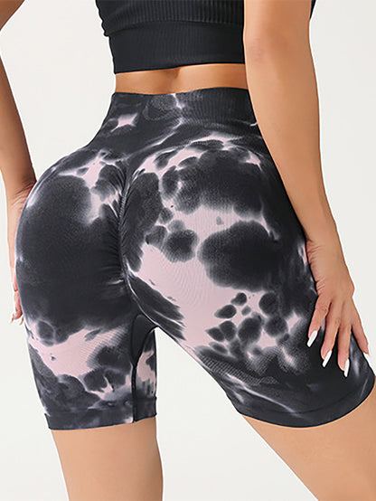 Women High Waist Tummy Control Tie-Dye Ruched Booty Lifting Workout Gym Exercise Running Shorts