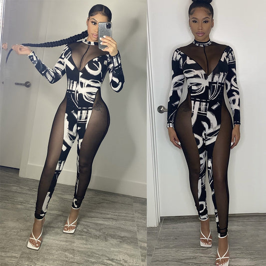 Women Fashion Printed Skinny Mesh Stitching Night Cub Party Jumpsuit