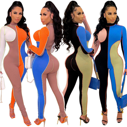 Sexy Threaded Color Block Long Sleeve Slim Nightclub Party Pant Jumpsuit