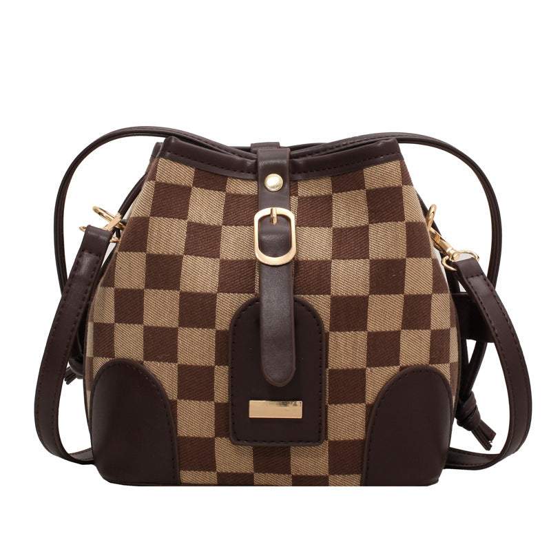 Women Checkered Drawstring Fashion Bucket Shoulder Messenger Handbag Bag