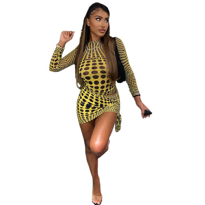 Sexy Women's Long-sleeved Printed Nightclub Party Tops Skirt Suit