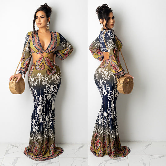 Sexy Hollow V-Neck Long-Sleeved Printed Mop Floor Mermaid Night Party Dress