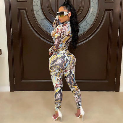 Sexy Mesh Printed Long-Sleeved Skinny Nightclub Party Jumpsuit