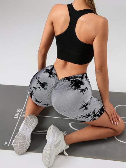 Women Tie Dye High Waist V-Back Scrunch Seamless Sport Workout Bottoms Yoga Shorts Pant