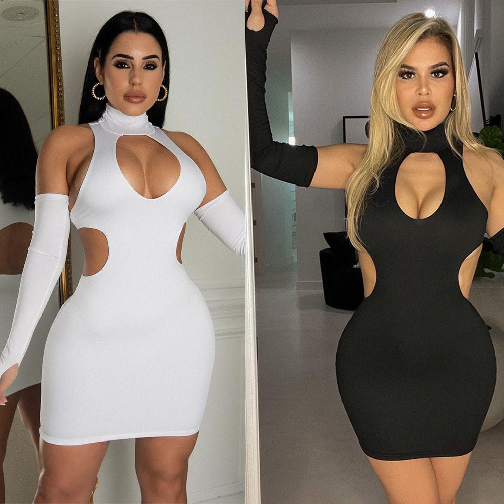 Women's Fashion Skinny Hollow Solid Color Nightclub Party Short Dress