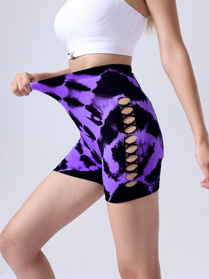 Women Tie-dye Side Bow Hollow High Waist Hip Butt Lifting Sports Yoga Gym Scrunch Cycling Biker Shorts Pants