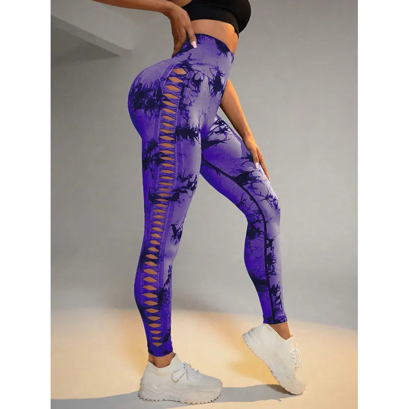 Women Cut Outside Hollow Tie-Dyed High Waist Hip Butt Tights Scrunch Fitness Seamless Sports Gym Yoga Pants