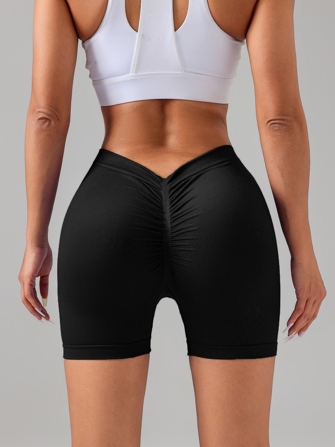 Women V-shape Waist Scrunch Elastic Tight High Rise Seamless Gym Shorts Pants