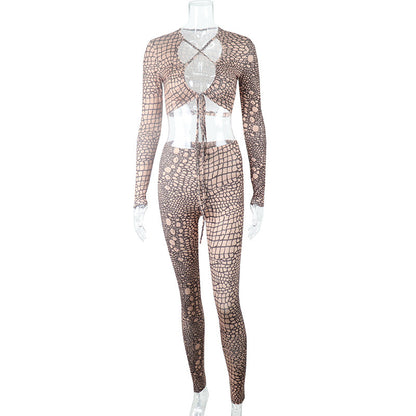 Women Drawstring Navel Long Sleeve Crop Tops High Waist Bodycon Pants Set