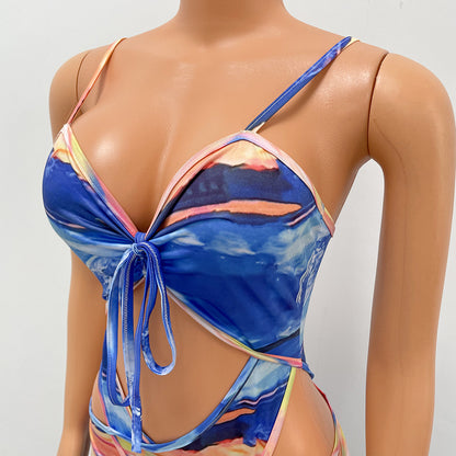 Sexy Women's Fashion Milk Silk Print Cutout Night Club Party Jumpsuit