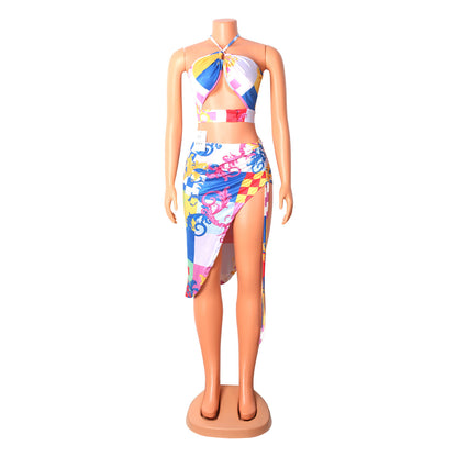 Two-piece Sexy Nightclub Irregular Short Skirt with Wrapped Chest + Halter Tops