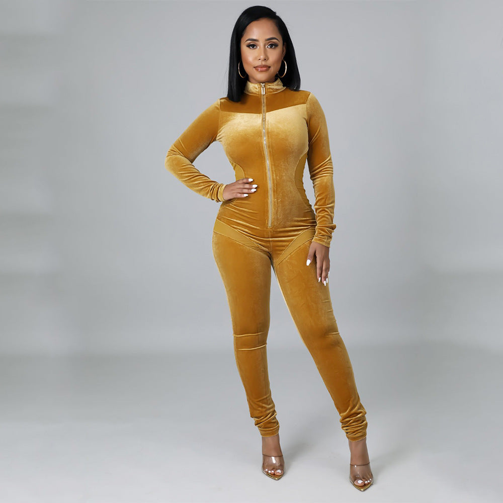 Sexy Skinny Gold Velvet Stitching Long-Sleeved Nightclub Party Jumpsuit