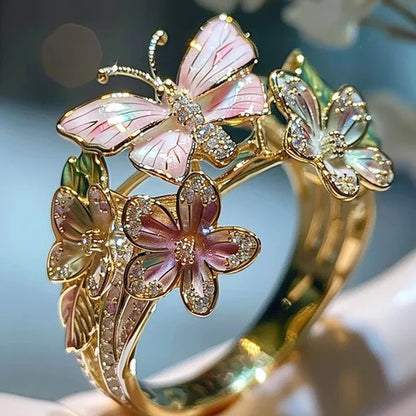 Animal Insect Fashion Adjustable Gold Plated Crystal 3D Shining Diamond Drop Oil Butterfly Flower Rings