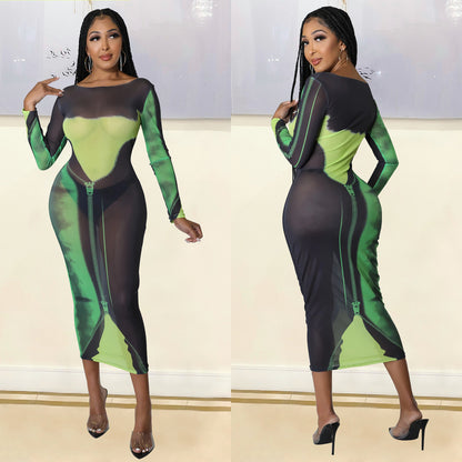 Sexy Fashion Mesh Print Long Sleeve Midi Might Club Party Dress