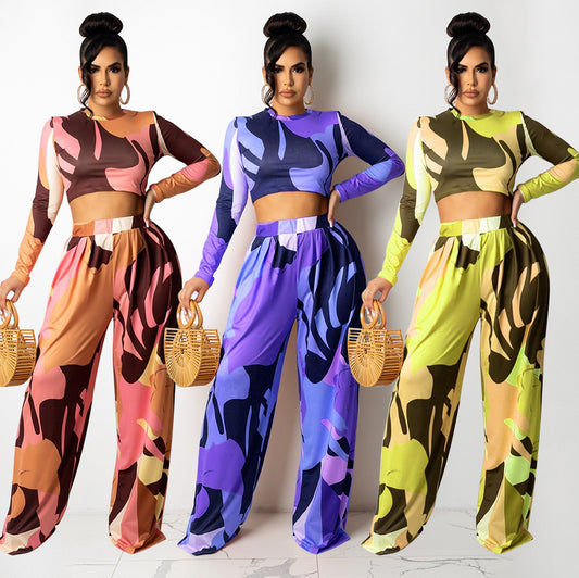 Sexy Printed Long-Sleeved Flared Wide-Leg Tops Pants Nightclub Suit