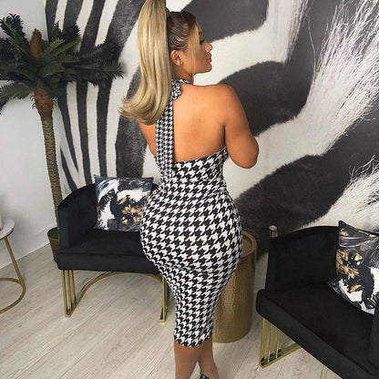 Sexy Backless Lace-Up Halter Cutout Smocked Pack Hip Party Dress
