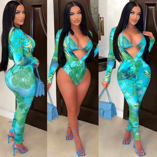Women's Fashion Print Bodysuit Long Sleeve Nightclub Party Pants Suit
