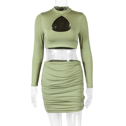 Women's Cutout Long Sleeve Pleated Cropped Navel Two-Pieces Tops Skirt Set