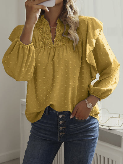 Women Ruffled Lantern Sleeve Lace Panel Shirt Tops Shirt