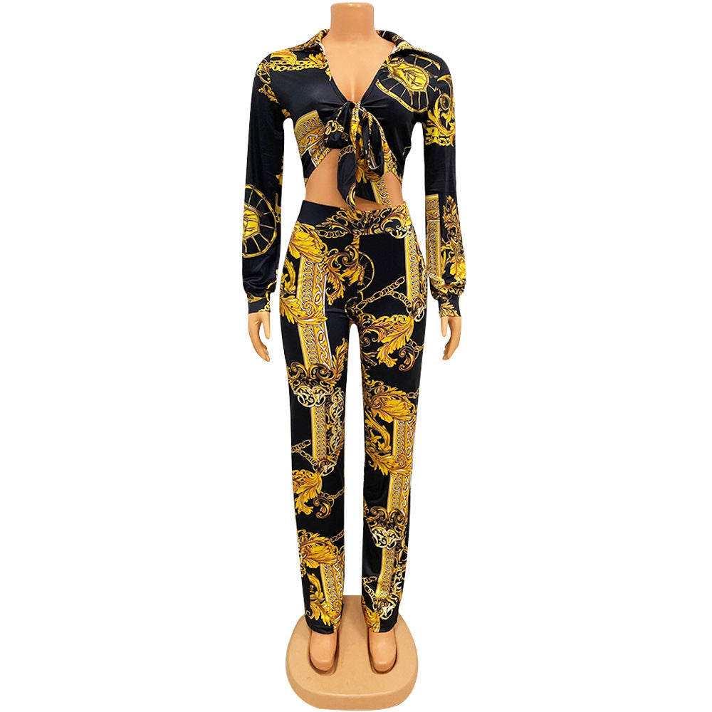 Sexy Milk Silk Printing Two-Piece Nightclub Tops + Pant Trouser Suit
