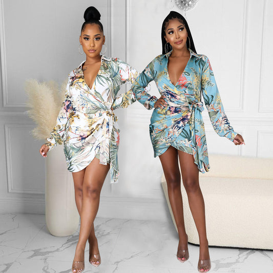 Sexy Women Fashion Print Long Sleeve Night Pary Dress