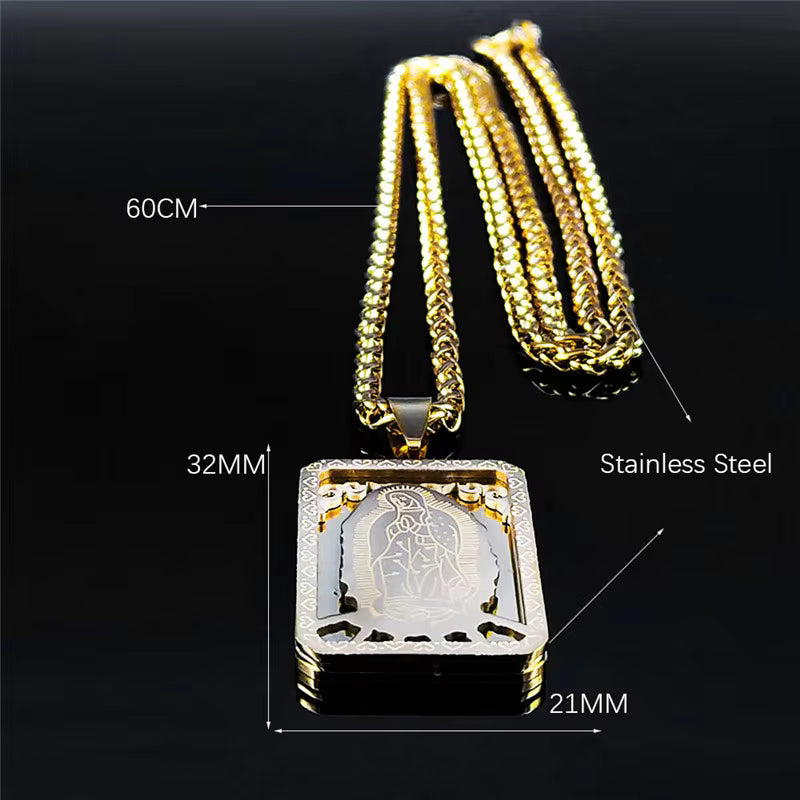 Men Stainless Steel Hip Hop Virgin Mary Medal Our Lady of Guadalupe Pendant Necklace