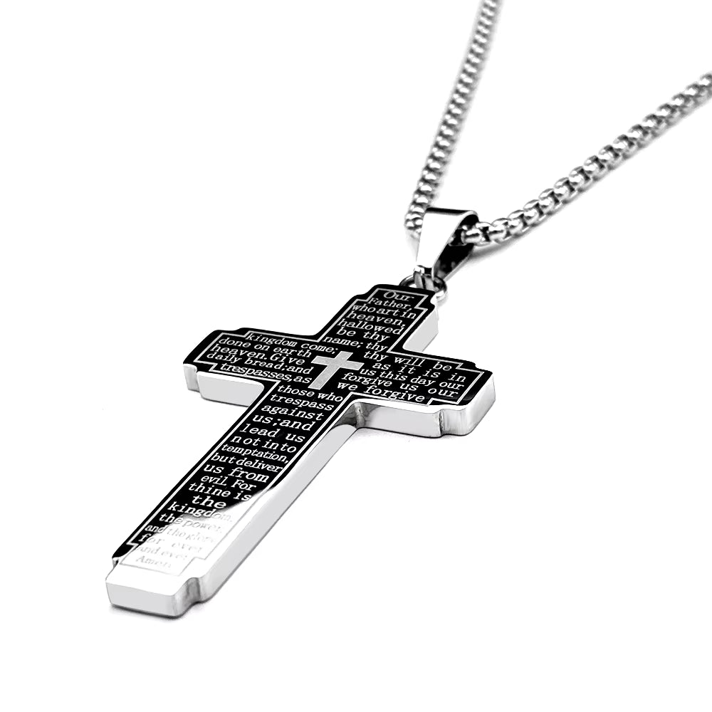 Men Stainless Steel Christian Bible Cross Religious Prayer Chain Big Pendant Necklace