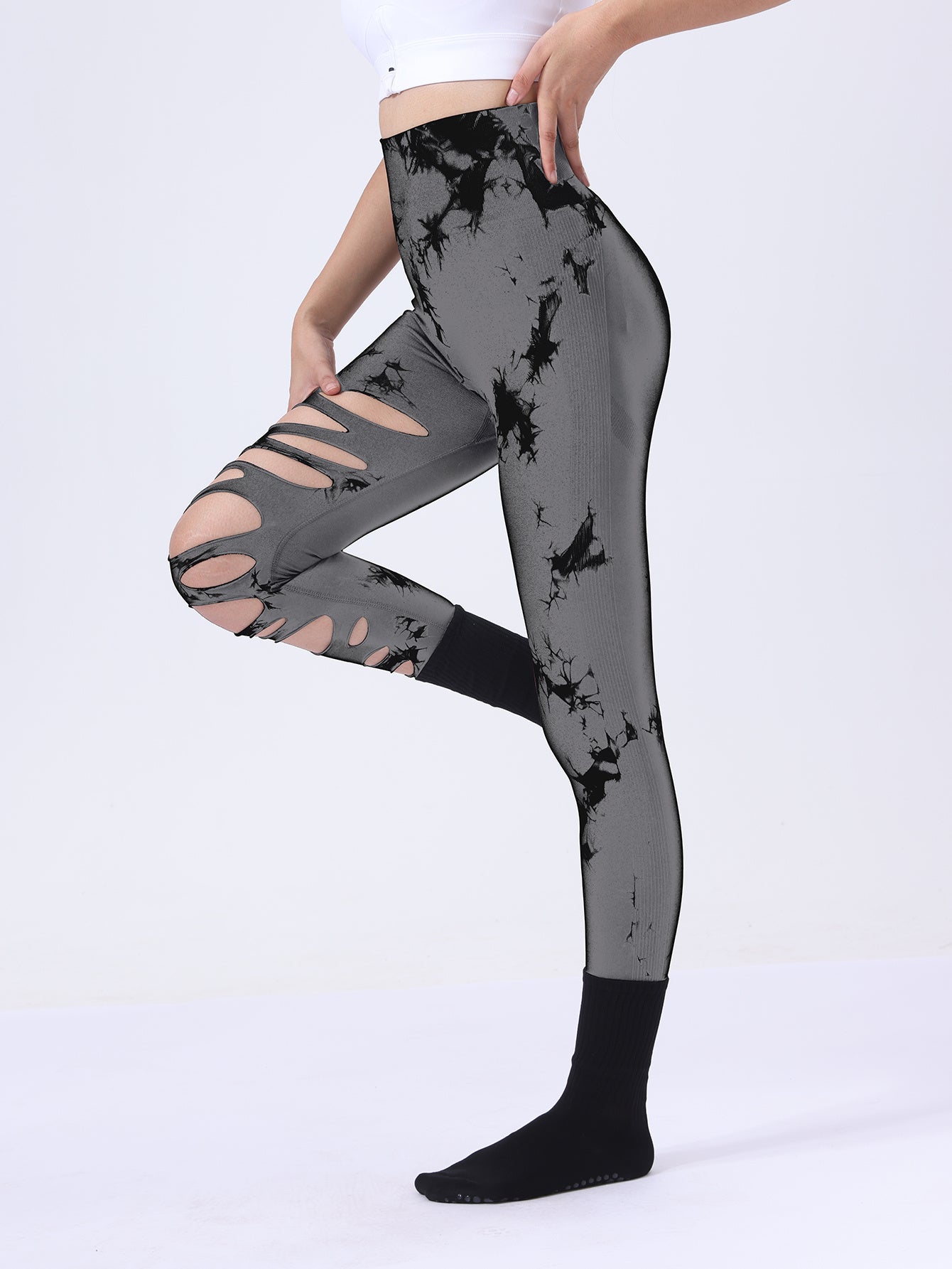 Women Butt Lifting Yoga Gym Hollow Out Tummy Control Sports Leggings Tie Dye Running Pants