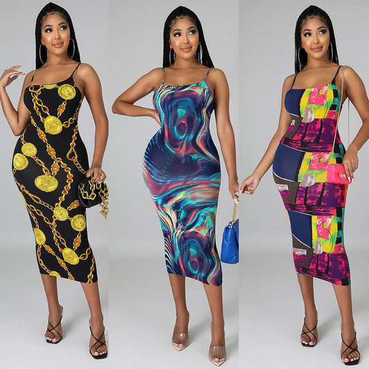 Fashion Sexy Prints Suspender Night Club Party Dress