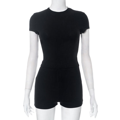Women Stylish Fashion Solid Color Short-sleeved Tops Shorts Suits