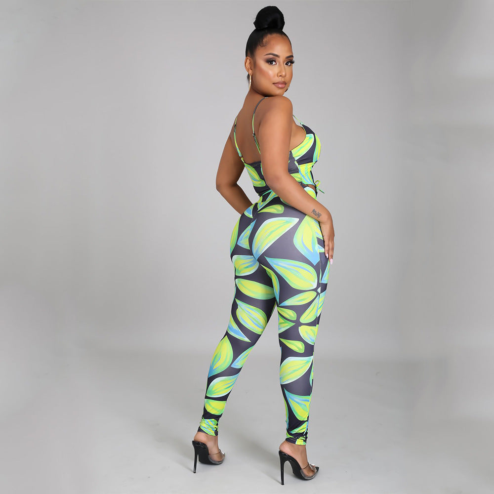 Women Digital Printed Sexy Two-Piece Strap Tops + Pant Trouser Set