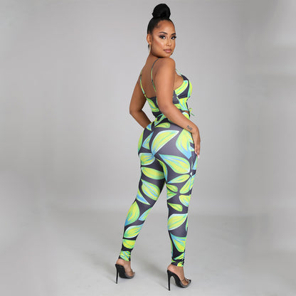 Women Digital Printed Sexy Two-Piece Strap Tops + Pant Trouser Set