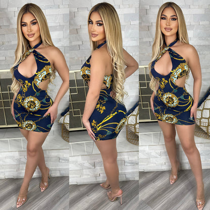 Women's Skinny Print Cutout Halter Nightclub Party Dress