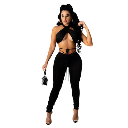 Fashion Sexy Nightclub Party Two-Piece Tops Wrap Breast Pant Trousers