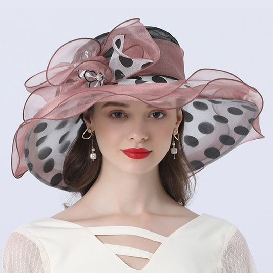 Women Polka Dot Big Brim Dress Church Travel Hat