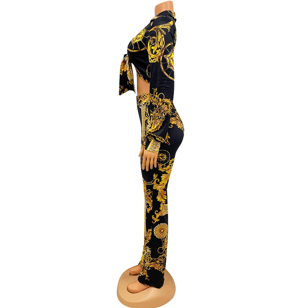 Sexy Milk Silk Printing Two-Piece Nightclub Tops + Pant Trouser Suit